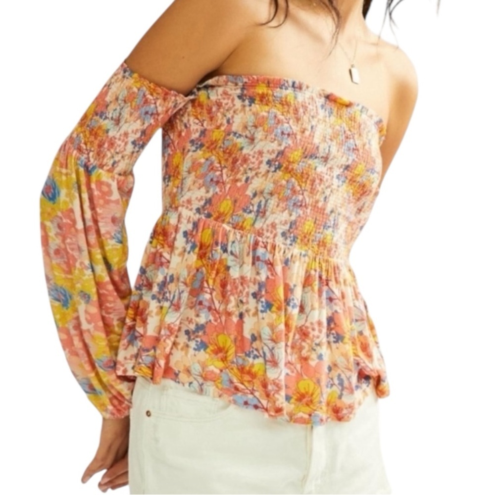 Anthropologie Conditions Apply Smocked Off Shoulder Top Floral SZ Medium